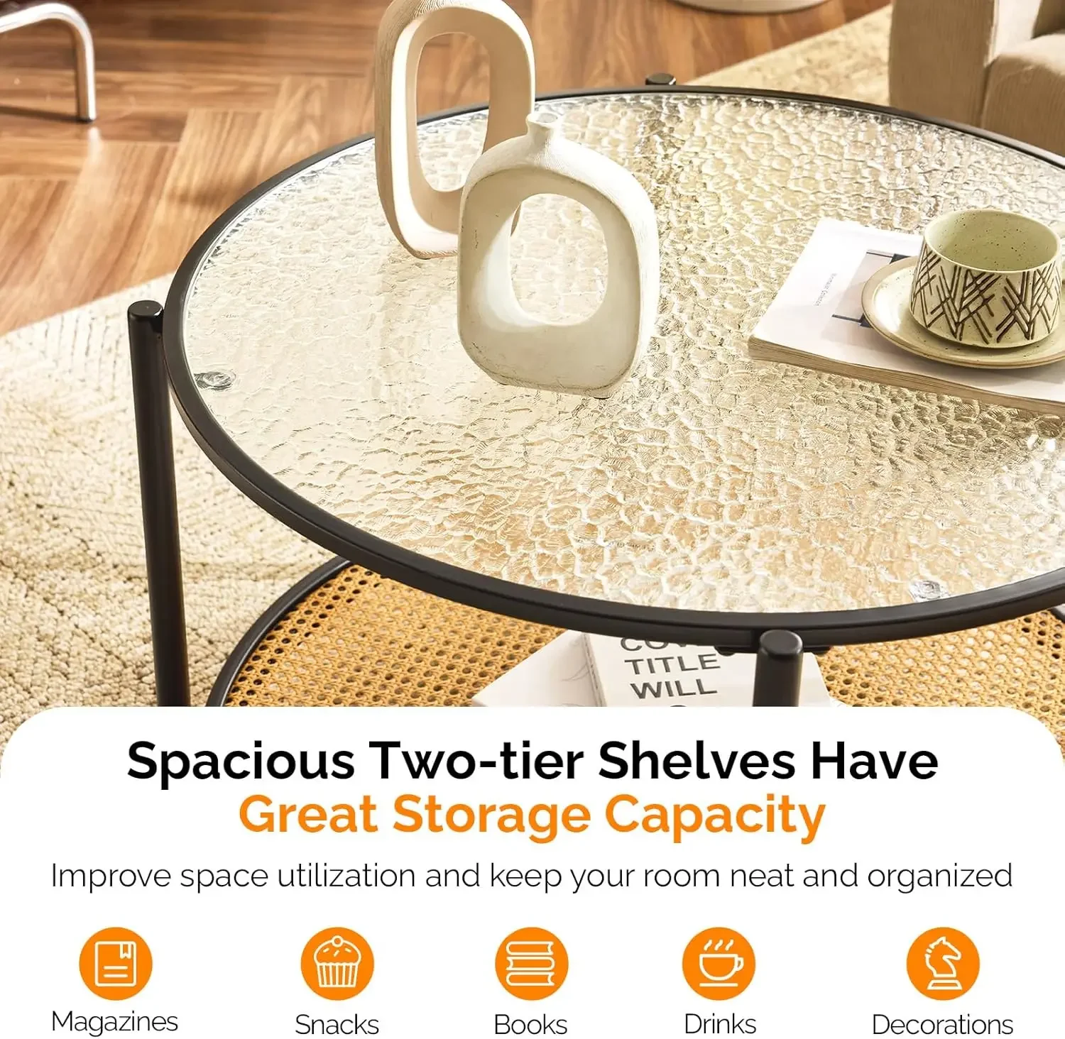 Modern Two-Tier Glass Coffee Table with Rattan Shelf for Home Decor and Storage, 30 Inch Round Living Room Furniture