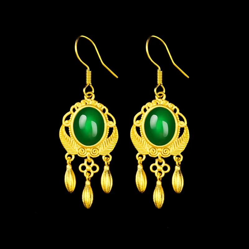 

Japanese and Korean fashion 999 24K real gold women's jade pulp earrings women's antique dream catcher gemstone earrings