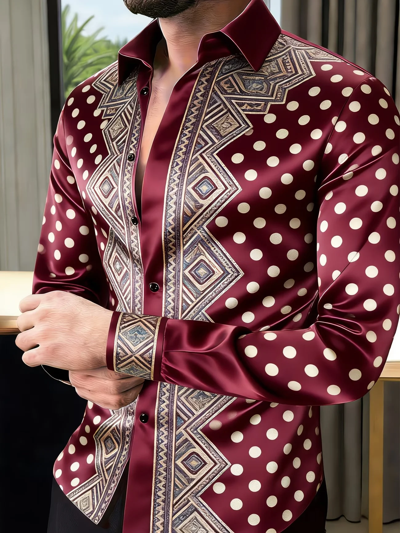 New Light Luxury Palace Style Floral Shirt Men's Long Sleeved Shirt Single Breasted Banquet Slim Fit Top