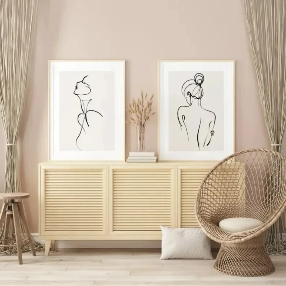 1PC frameless decorative art print,Single Line Modern Naked Girl Silhouette Line Figure Drawing Aesthetic Canvas Painting Poster