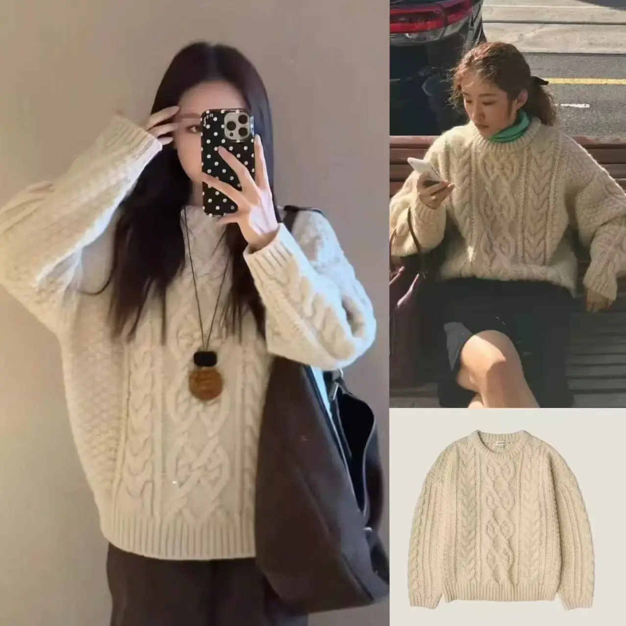 

Tang Sister Dongda Gate Sienne Винтажный шерстяной вязаный свитер Cr Color Трикотаж Теплый свободный крой Длинный све круглый топ