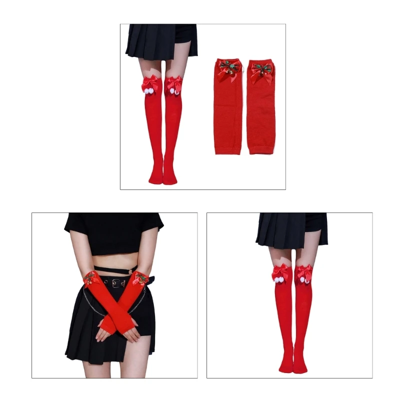 Lengthen Wrist Gloves+Knee Socks Winter Half Finger Gloves for Teens Christmas M6CD