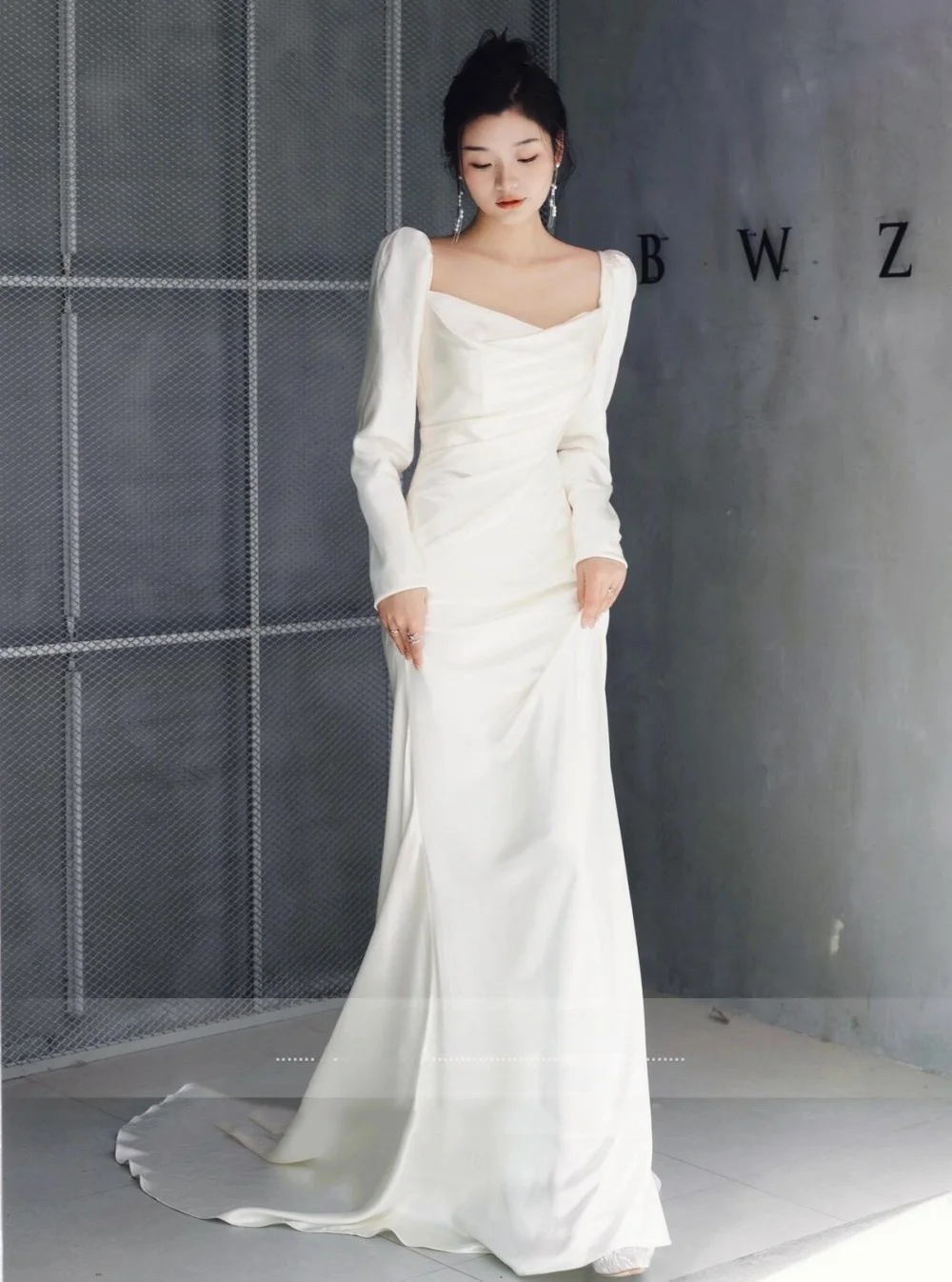 

Шелковое атласное свадебное платье с длинными рукавами для осени и зимы, белое, элегантное, для церемоний на открытом воздухе