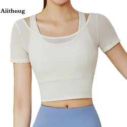 Aiithuug Yoga Bra Build-in Cup Crop Tops Gym Crops Mesh Fake Two Pieces Wide Band Sports Tops Golf Tennis Crops Short Sleeve