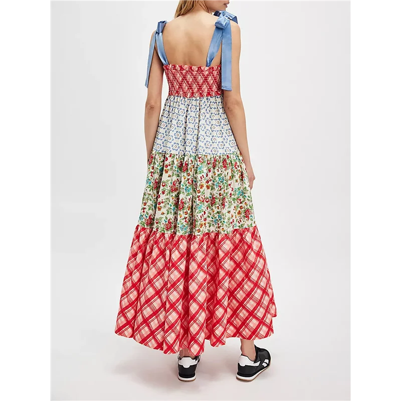 AOAO-ผู้หญิงลายดอกไม้โบโฮชุดเดรสผูกไหล่ Smocked Patchwork Flowy Maxi Dress พร้อมกระเป๋าฤดูร้อนฤดูใบไม้ร่วง
