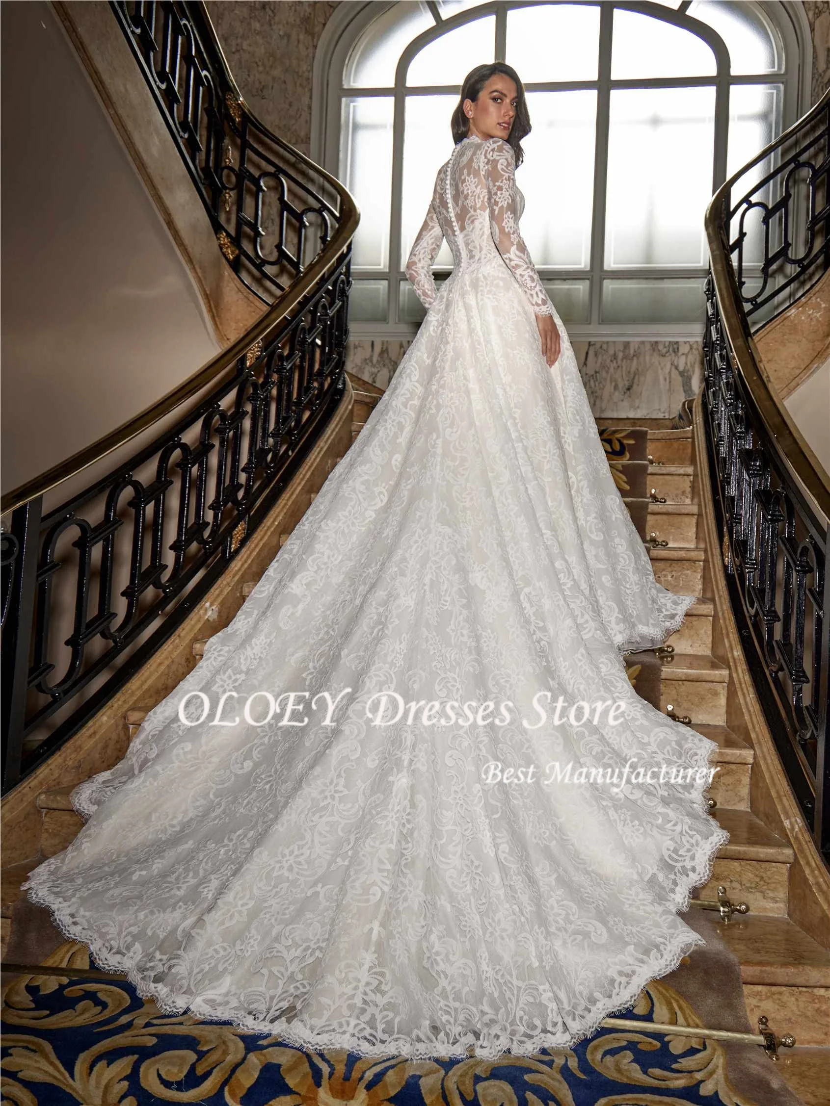 OLOEY 럭셔리 레이스 아플리케 웨딩 드레스 A라인 여성용 긴 소매 V넥 신부 드레스 우아한 웨딩드레스 2026 맞춤 제작