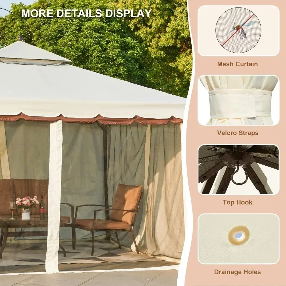 10' X 12' Outdoor Canopy Gazebo, Double Roof Patios Gazebos Steel Frame with Netting and Shade Curtains, Outdoor Patio Gazebo