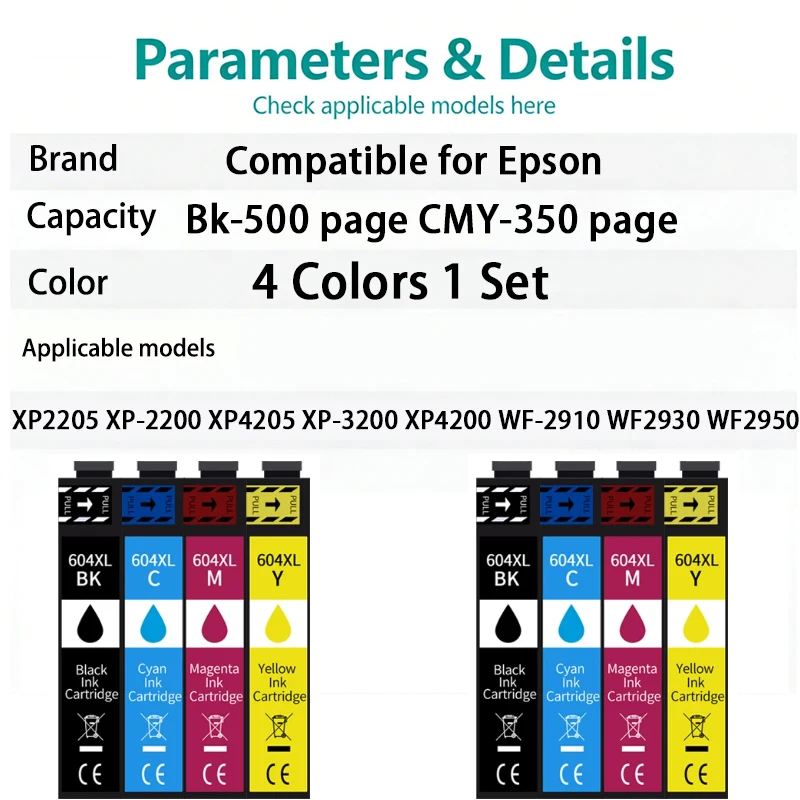 1-5Sets E604XL 604XL T604XL Ink CartridgeCompatible for Epson XP2205 XP-2200 XP4205 XP-3200 XP4200 WF-2910 WF2930 WF2950 Printer