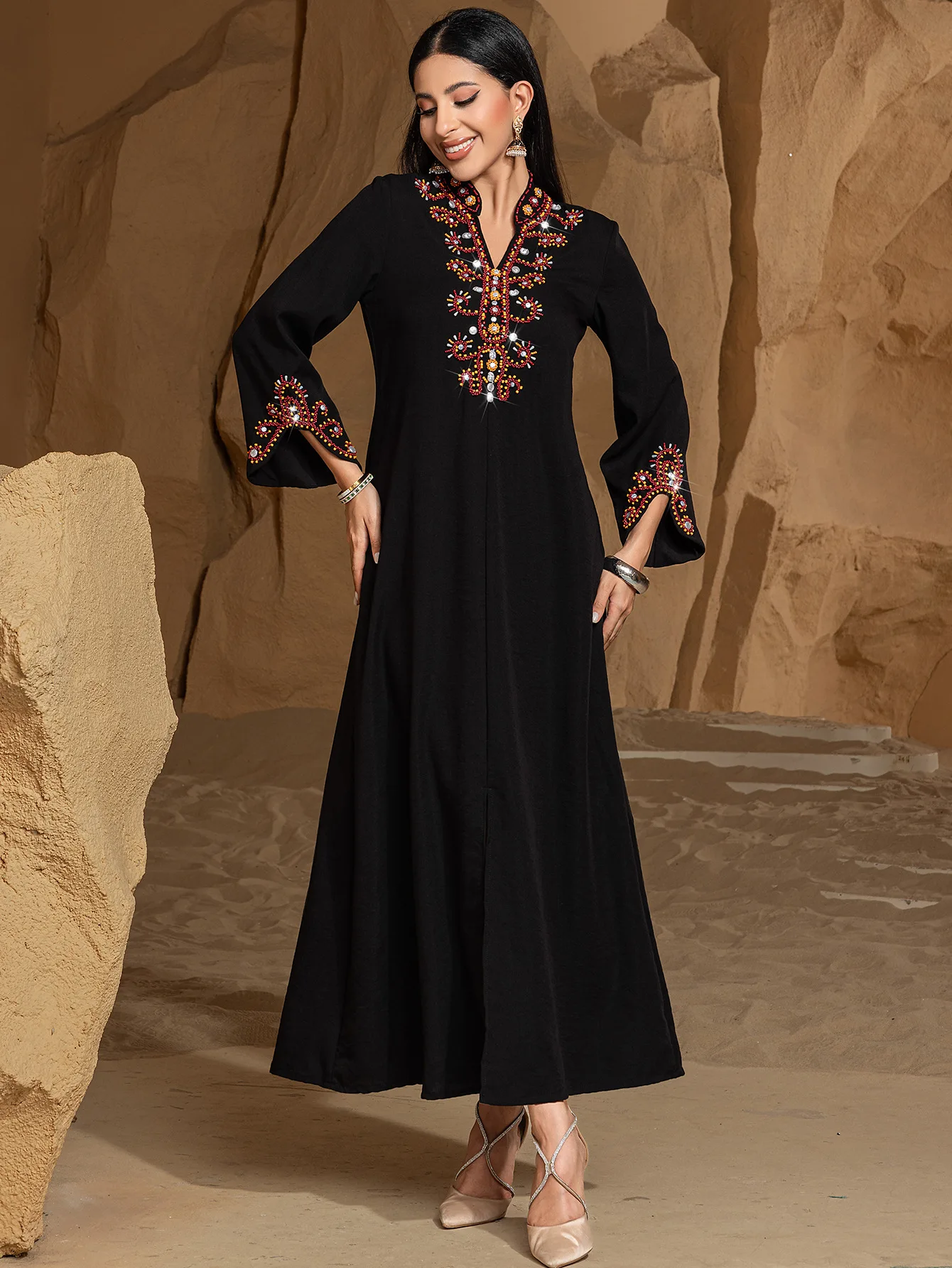 Ramadan Morocco Islamic New High end Rice Bead Embroidery Muslim Fashion Black Dress Abaya in Stock Robe Arab Long Dress