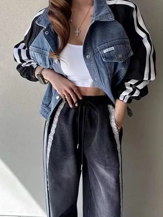 الرجعية الدنيم Jaet مجموعة المرأة الخريف الشتاء المرقعة الدانتيل عالية الخصر عادية بنطال ذو قصة أرجل واسعة قطعتين مجموعة Faionable فرقة