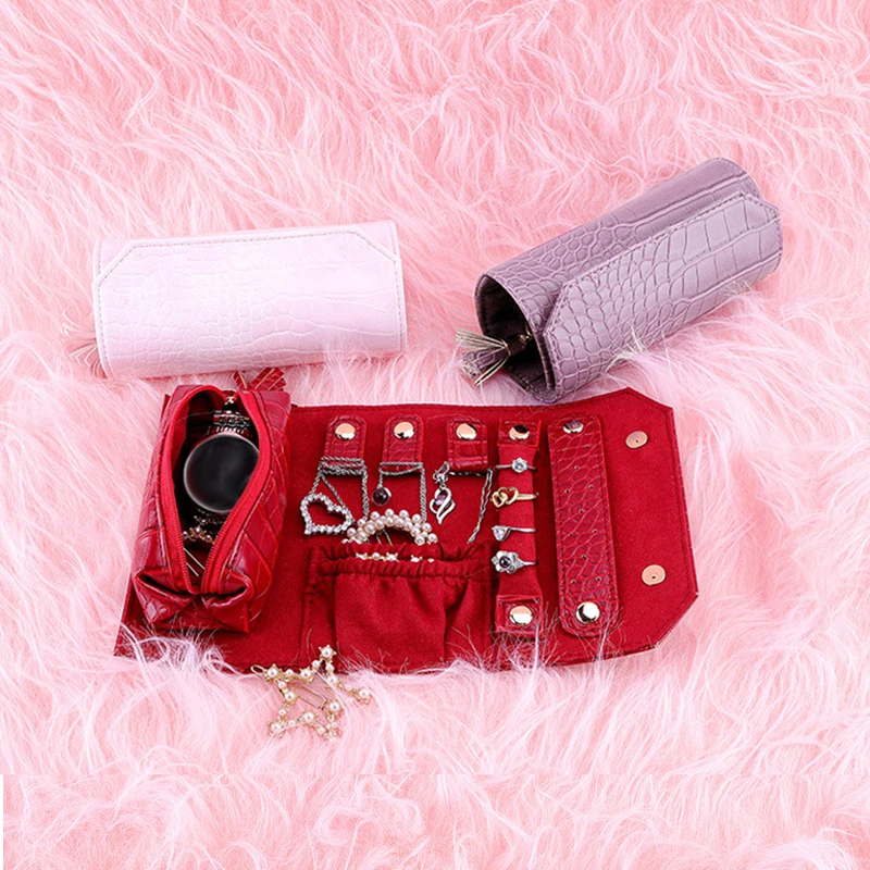 Roll Foldable Jewelry Case Portable Pu Leather Travel Jewelry Organizer for Earrings Rings Diamond Necklace Brooches Storage Bag