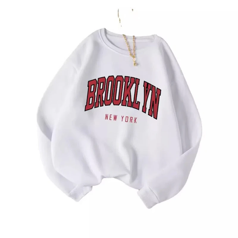 Brooklyn New York Letter Printed Sweatshirt Trendy Aesthetic College Crewneck Minimalist Pullover Top Shirt White Clothing