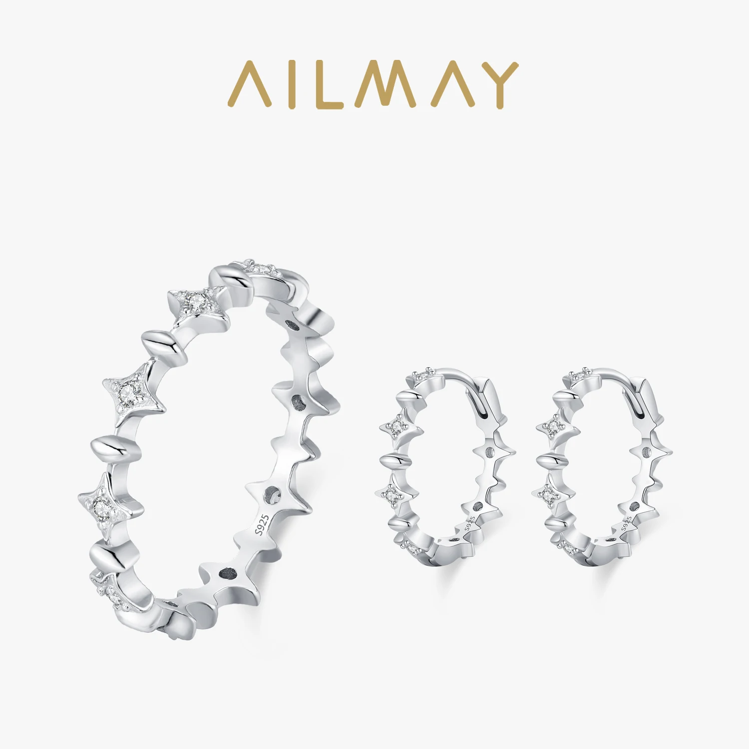 

Ailmay 925 Sterling Silver Shining Zircon Star Rings EarringsJewelry Set For Women Fashion Anniversary Gift Jewelry
