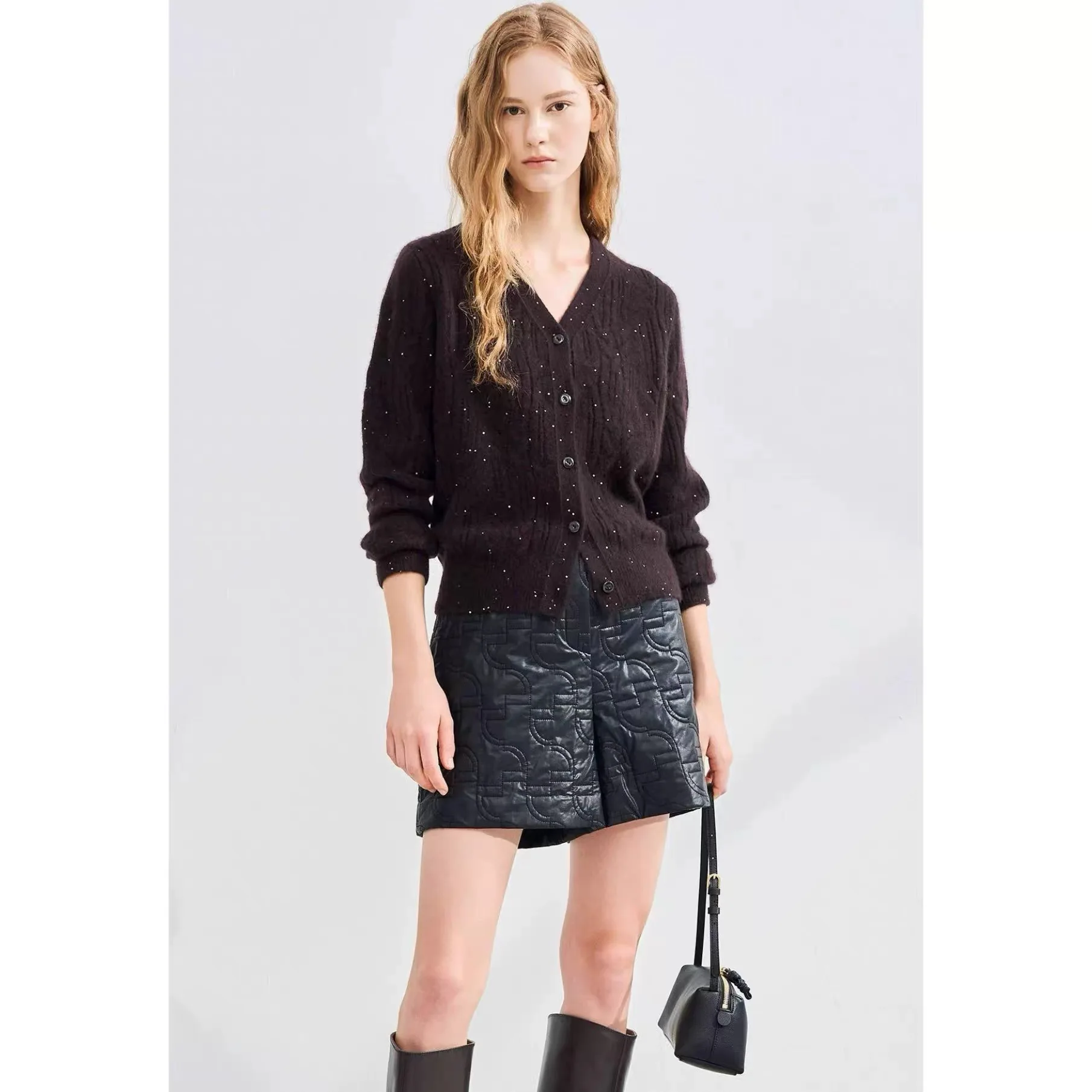 

Soft Knitted Open Cardigan Lemon Cheese V-ne Hollow out Sequin Decoration Commute Sle Loose Fit Long Sve Color