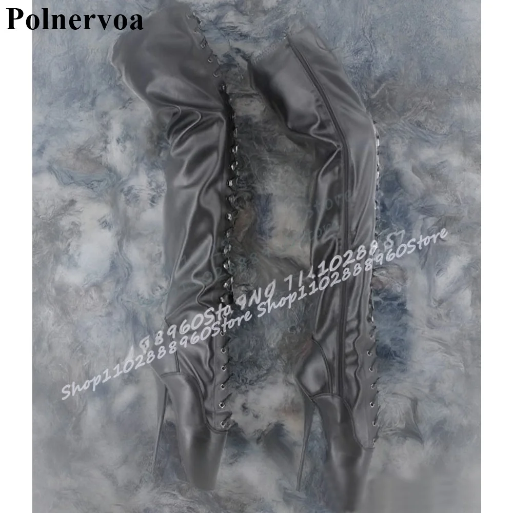 

Thigh High Black Leather Cross Tied Ballet Boots Super High Heel Shoes For Women Side Zipper Pointed Toe Occidental Women Boots