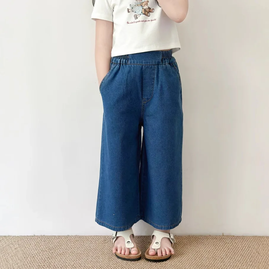 

2025 children's clothing girls spring clothing dark jeans medium and small children's casual versatile wide-leg nine-point pants