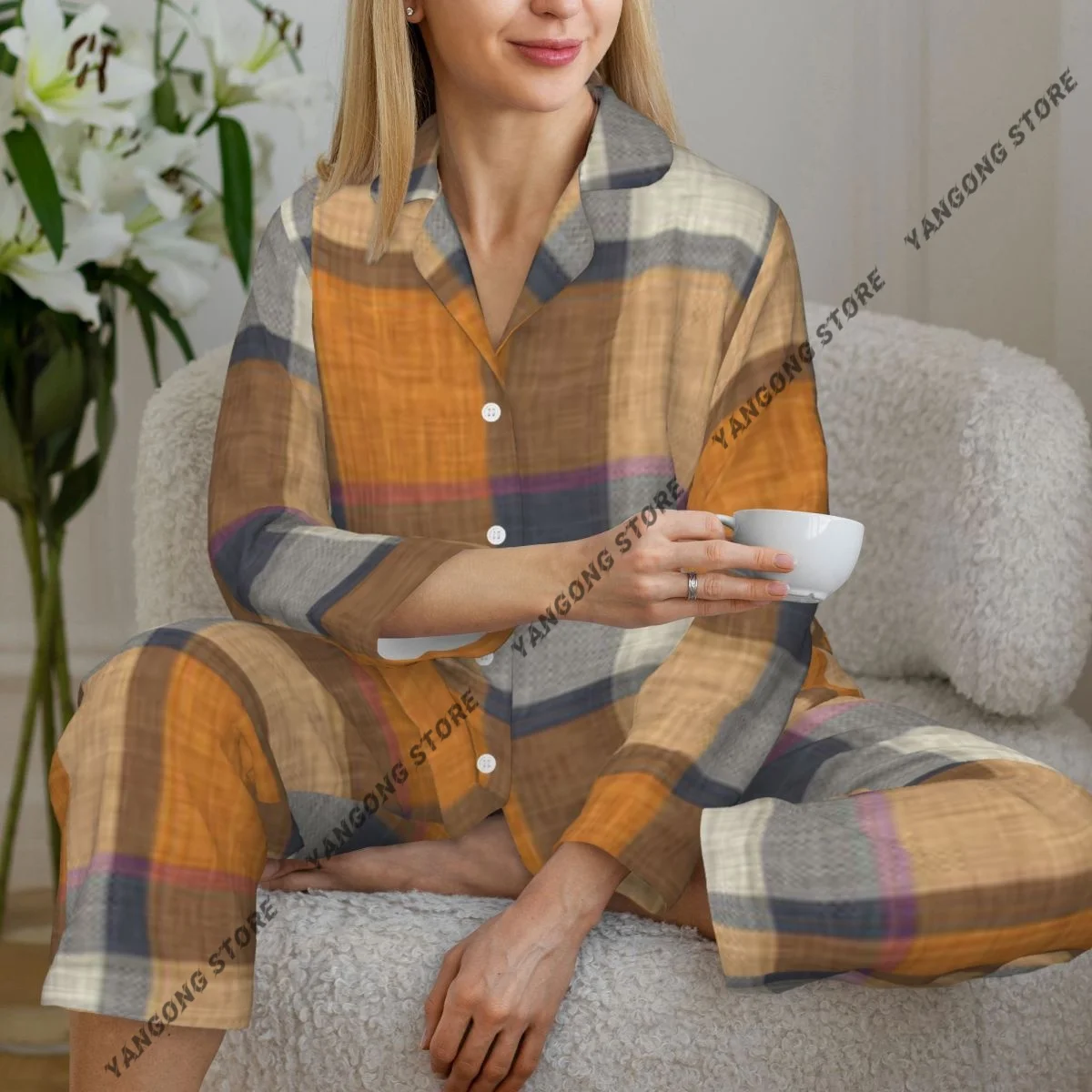 Women Sleepwear Pajamas Plaid Traditional Warm Checkered Texture Long Sleeve Pijama Female Set Negligee Cardigan Suit