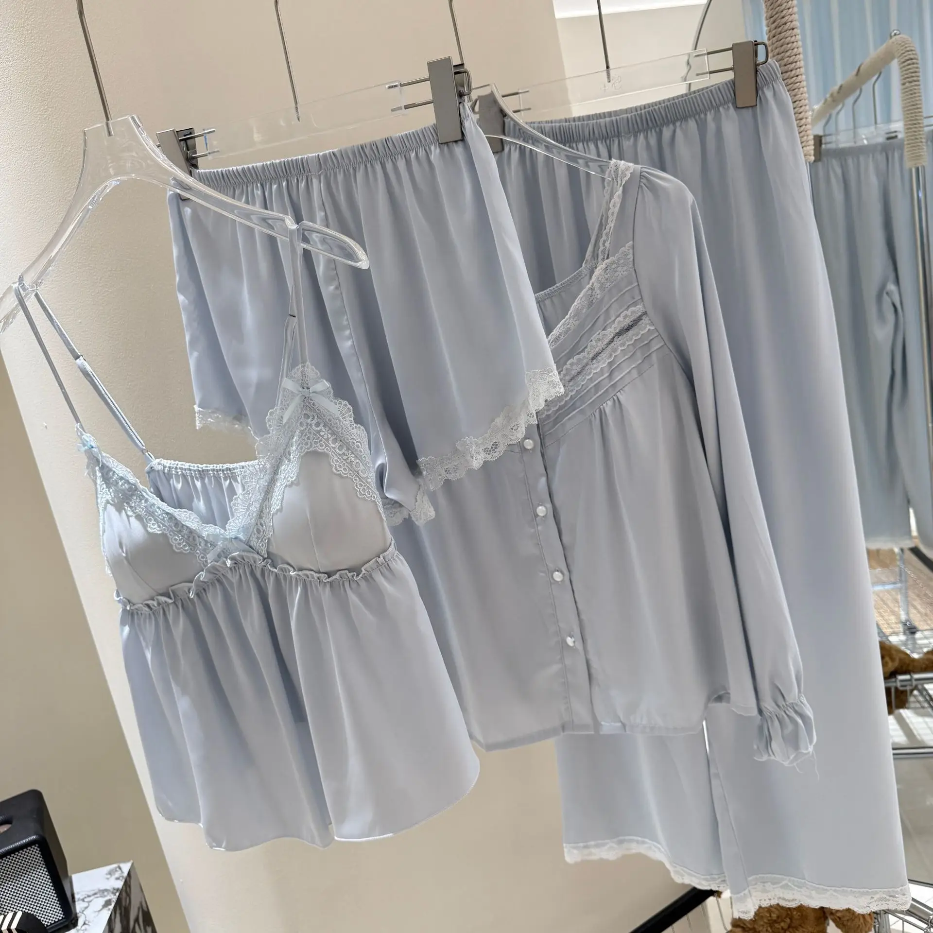 

Female Pajamas Four Piece Suit Spring Autumn New Sleepwear Lounge Wear Elegant French Court Style Pijamas Home Clothes Lingerie