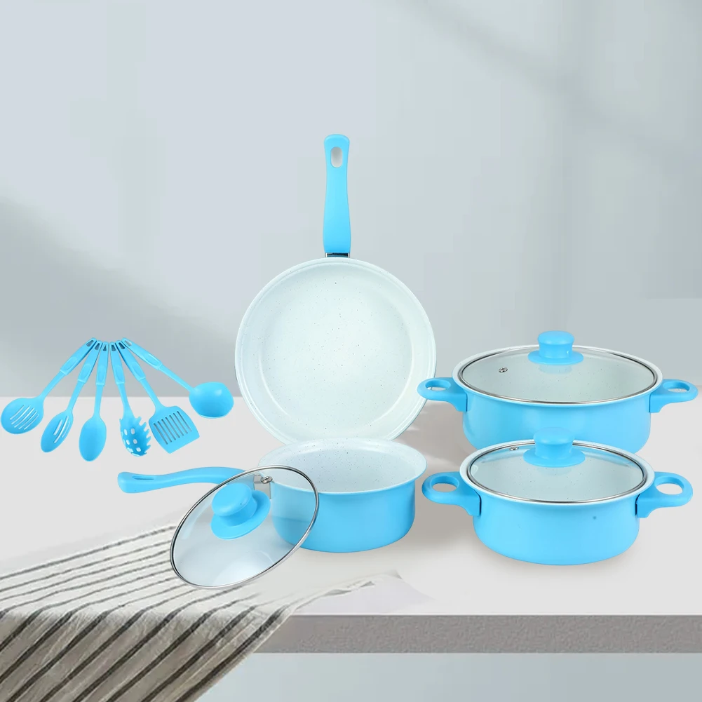 

12Pcs Non Stick Cookware Set Cooking Pot with Lid Deep Frying Pan Milk Pot Maifan Stone Frying Pan for All Types of Cooker