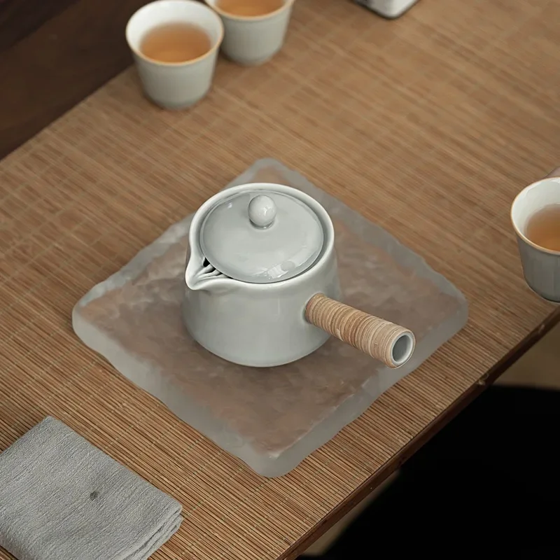 180ML Ice Gray Glaze Yunhuai Side Pot Japanese Handmade Rattan Small Teapot Soot Glaze Kung Fu TeaSet Breaking Teapot Tea Items