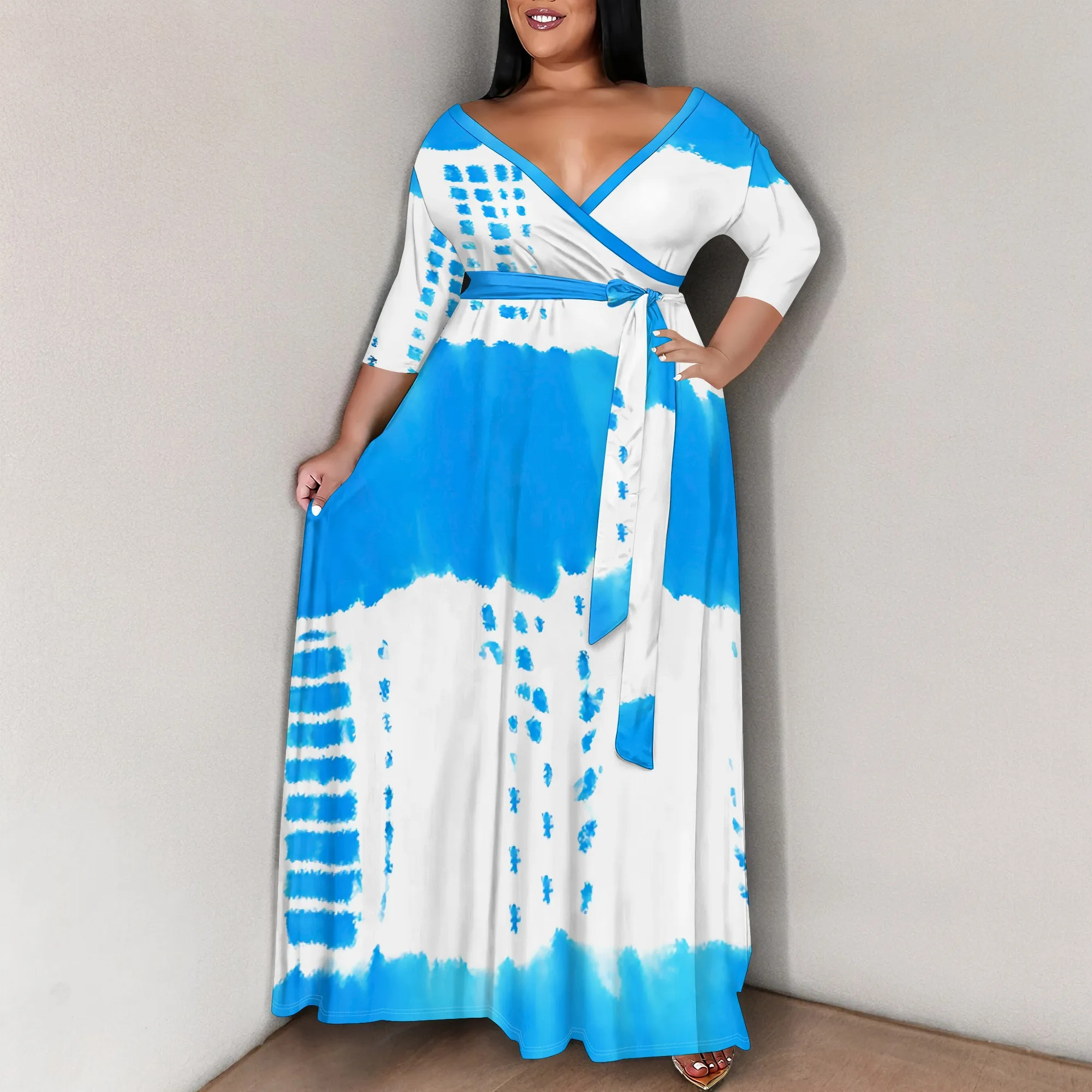 Plus Size Women's 3/4 Sleeve V Neck Women With Pocket and Bel Long Dress Fashion Printed Split Hem Club Party Casual  Maxi Dress
