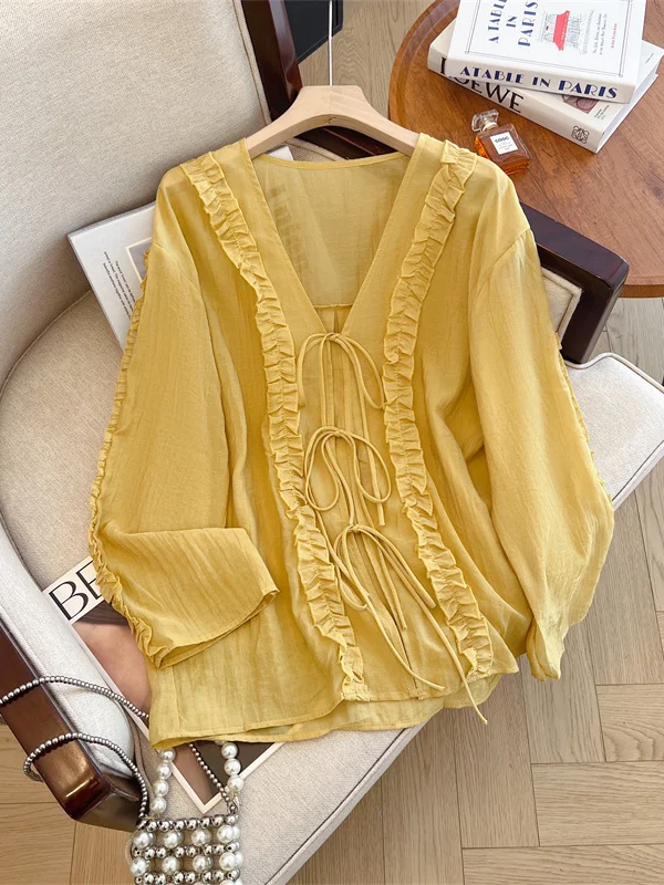 Retro Beautiful Wood ain  Tie V-ne Sun Protection irt Women Summer Thin Loose Long Sve Open Cardigan Top