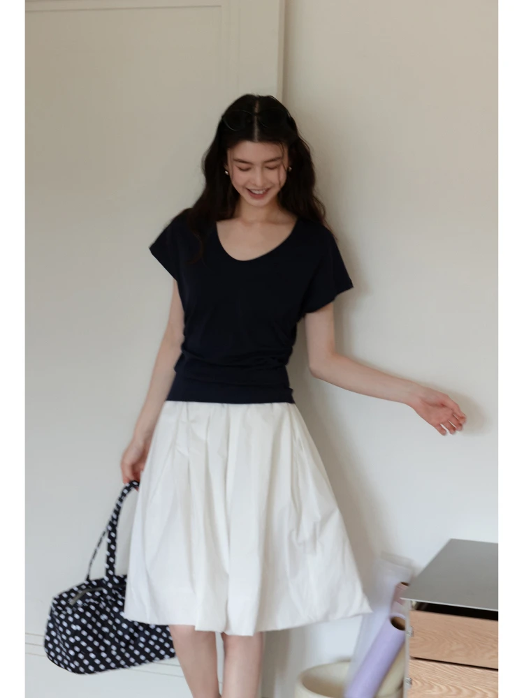 

Женская футболка Eggka свободного кроя с U-образным вырезом, утягивающая талию, с коротким рукавом, летняя, повседневная, для поездок на работу, модная, на каждый день