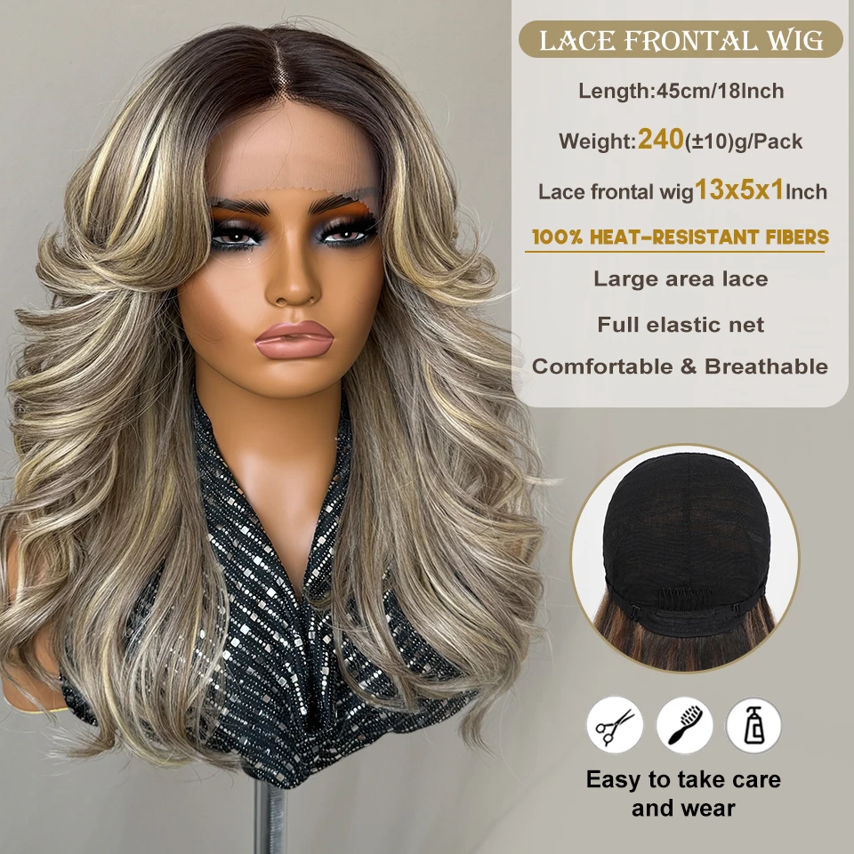 Wig Lace Front 18 Inch, Wig Sintetis untuk Wanita Afrika, Model Body Wave, Wig Lace Front T Part Pirang Hitam dengan Serat Tahan Panas Tinggi