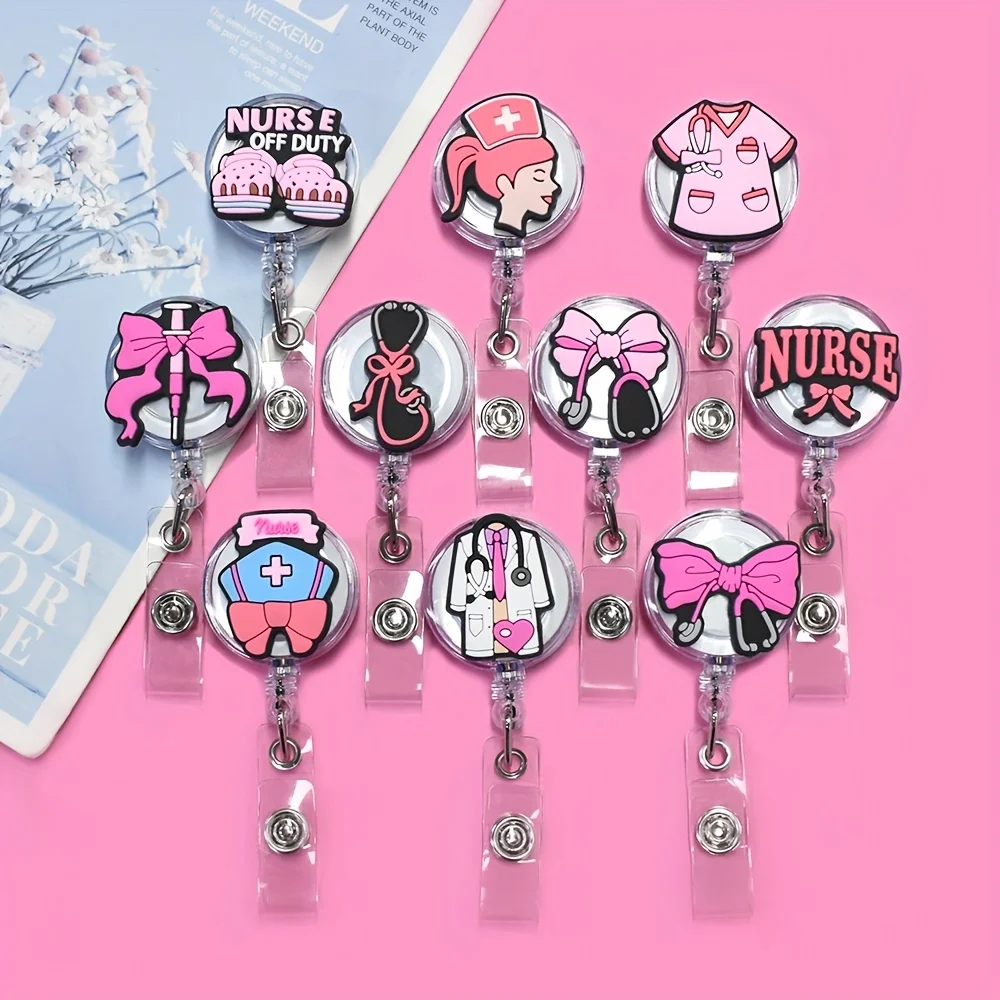 Pink Medical Badge Reels, Retractable ID Holder with Cute Bow Nurse Theme for Office Name Card Holder