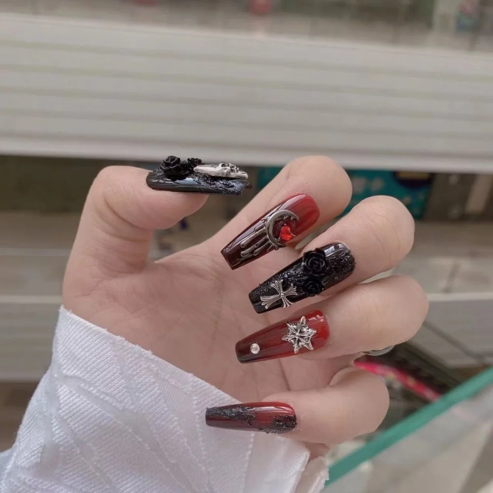 Handmade Y2k Press on Nails Goth Style Black and Red Halloween Fake Nails with Design Full Cover Long Coffin Acrylic Nail Tips