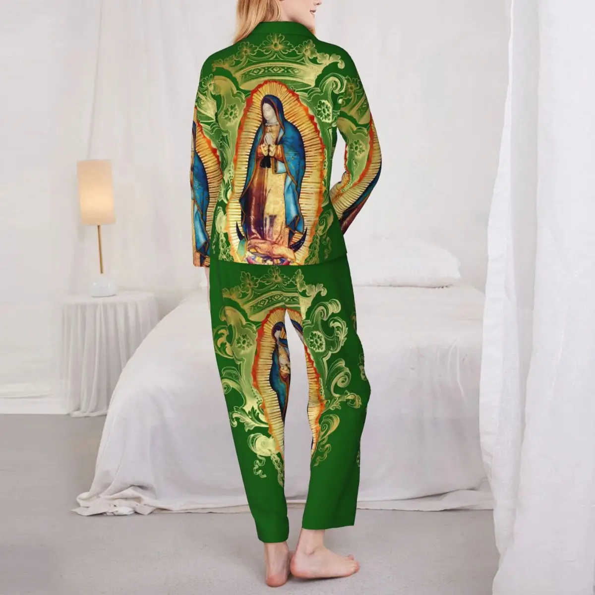 Virgin Mary Mexico Pajama Sets Autumn Our Lady of Guadalupe Cute Sleep Sleepwear Womens 2 Piece Vintage Oversized Nightwear