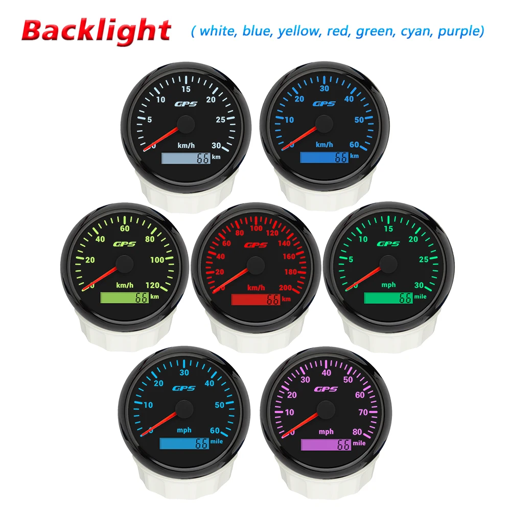 عداد السرعة Rhaxel 85mm GPS 30KM/H 80MPH 200MPH عداد المسافات مع 7 ألوان خلفية 12 فولت 24 فولت لأوعية الدراجات النارية في السيارة