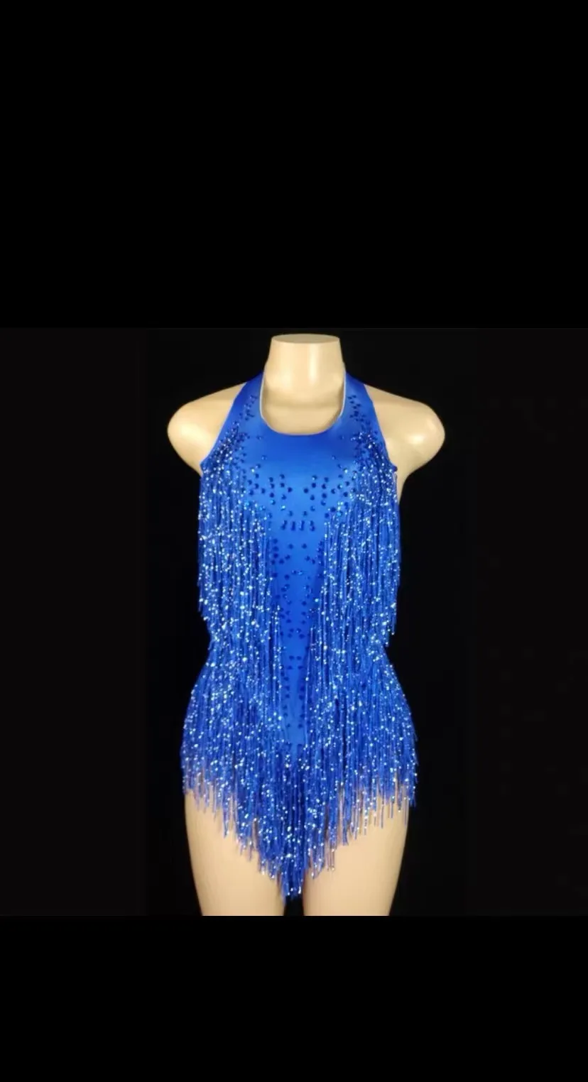 

SingerSparklyRhinestonesFringesBodysuitWomenNightclubOutfitGlister DanceCostumeOnepieceDanceWearStageLeotard