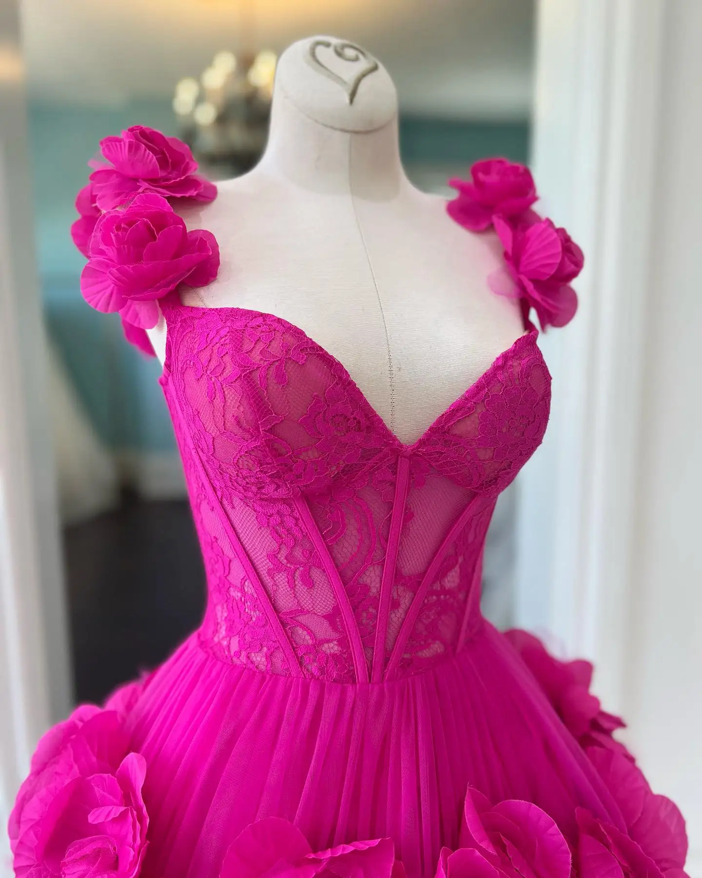 Fabulous Fuchsia 3D Flower Women Mini Dresses To Engagement Wedding Floral Lacce Short Women Maxi Dress With Corset Bustier