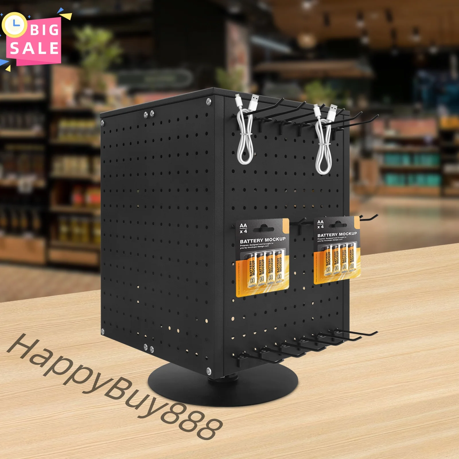 

Pegboard Rotating Display Stand Black Carbon Steel 4 Sided Spinning Peg Board Display w/h 20 Hooks Peg Board Display Stand