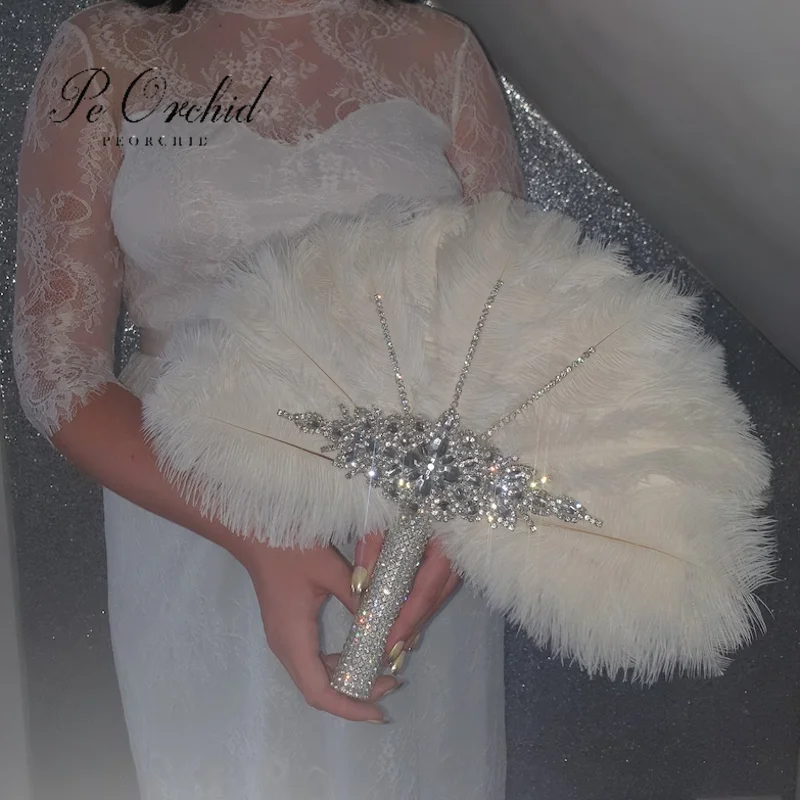 

PEORCHID Wedding Feather Fan Brooch Bouquet Great Gatsby Brides Ostrich Fan 1902s Art Deco Custom Made Crystal Bridal Bouquet