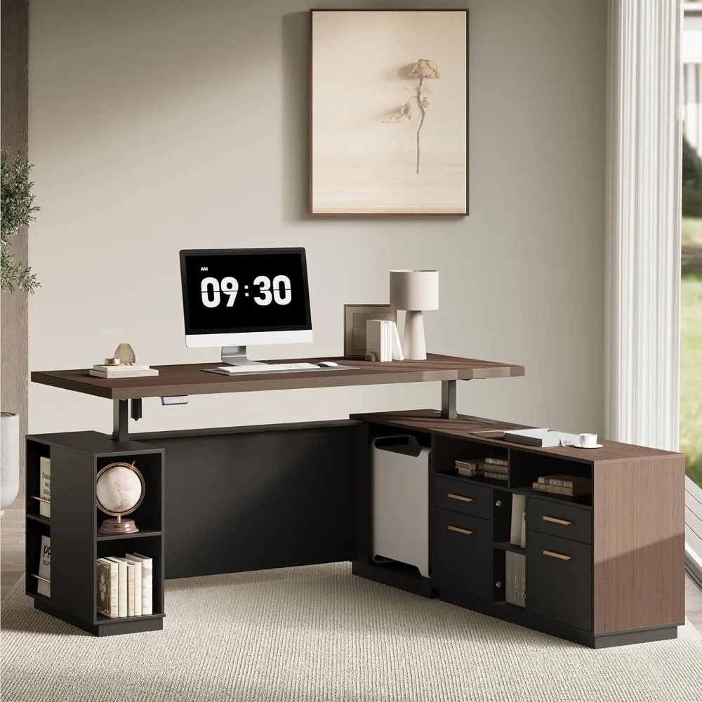 

71-дюймовый настольный стол с 2 картотеками, переменным/USB, рабочий стол 1,18 дюйма, L-образный стол с регулируемой высотой, комплект электрической мебели с несколькими