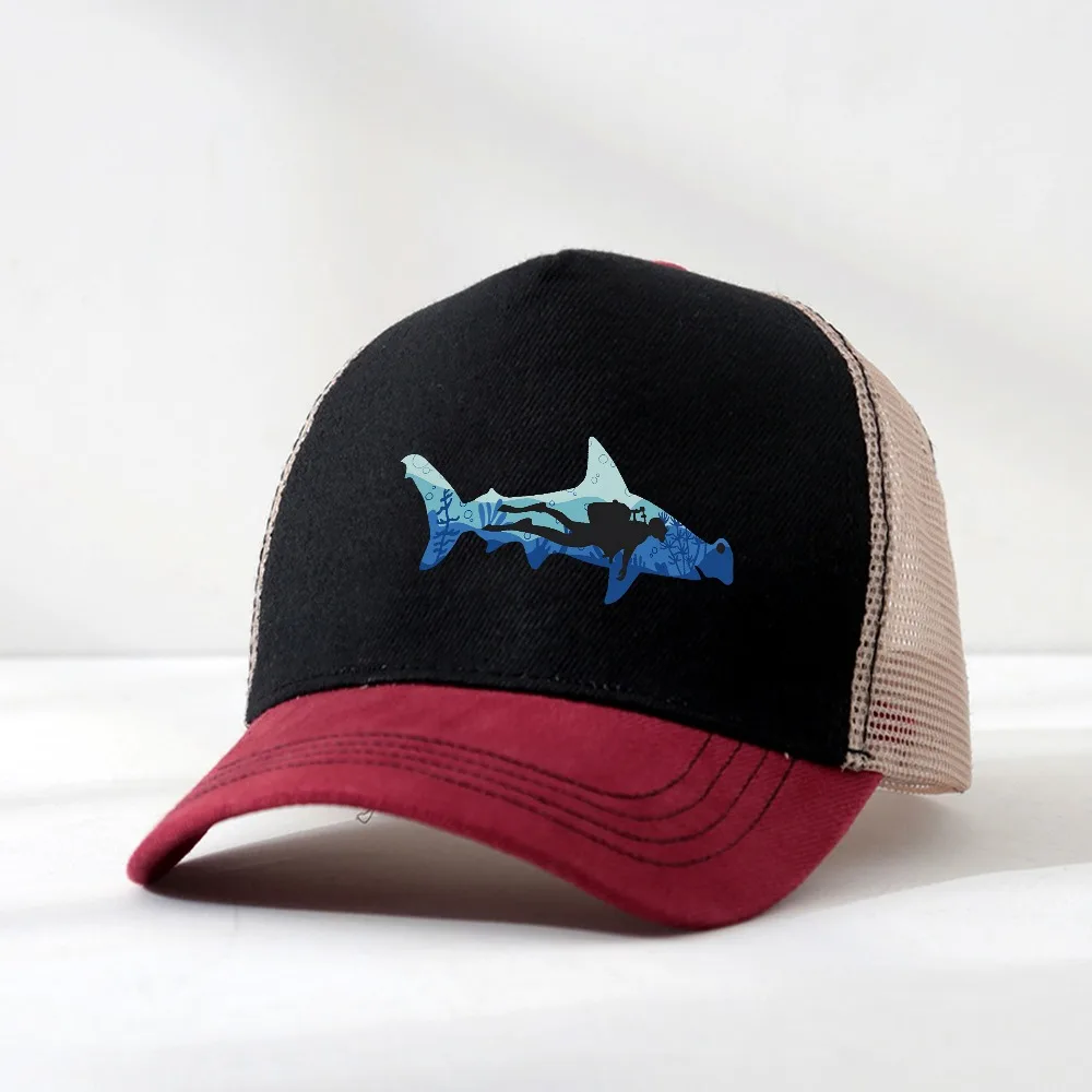 Hammerhead Shark Scuba Diver Diving Mens fishing hat adjustable outdoor sun protection hat net Breathe Baseball Cap