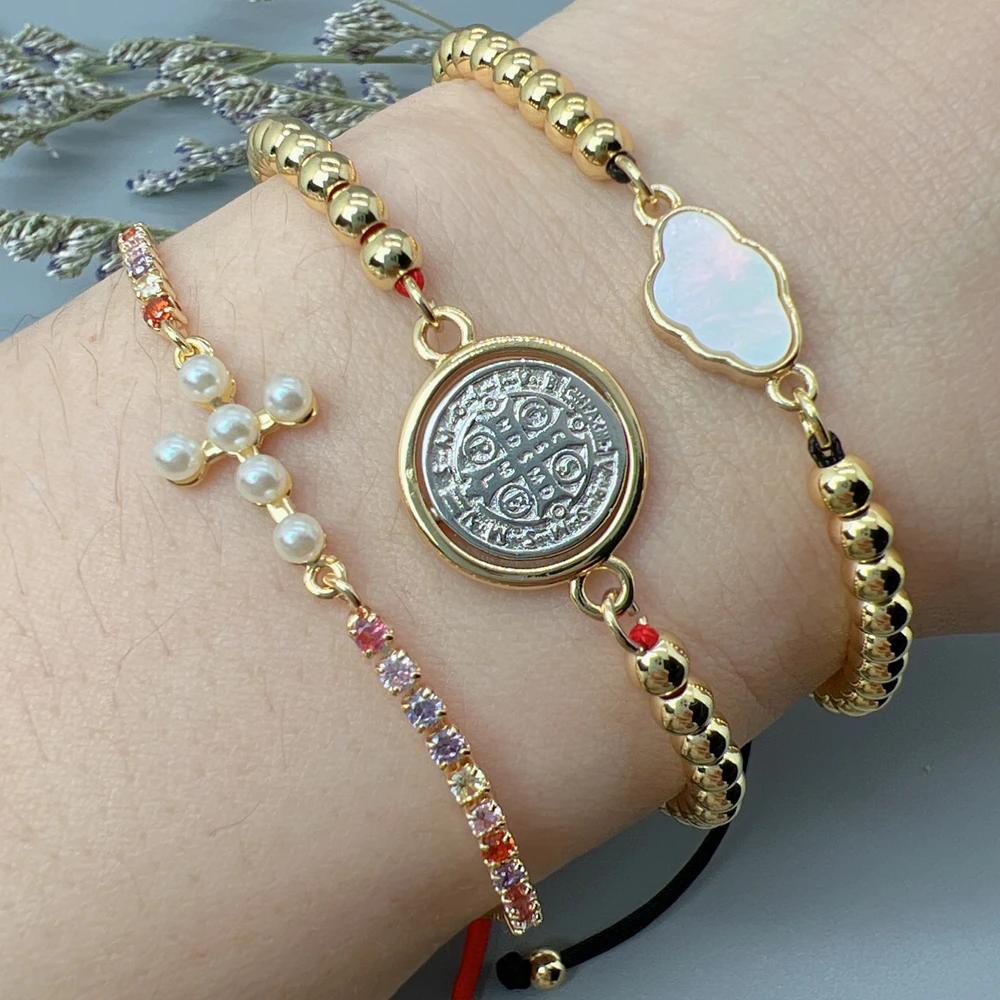 

Fashion Hand Woven Rope Pearl Beads Bracelet Cross Enamel Virgin Mary Charm Elastic Bracelet For Women