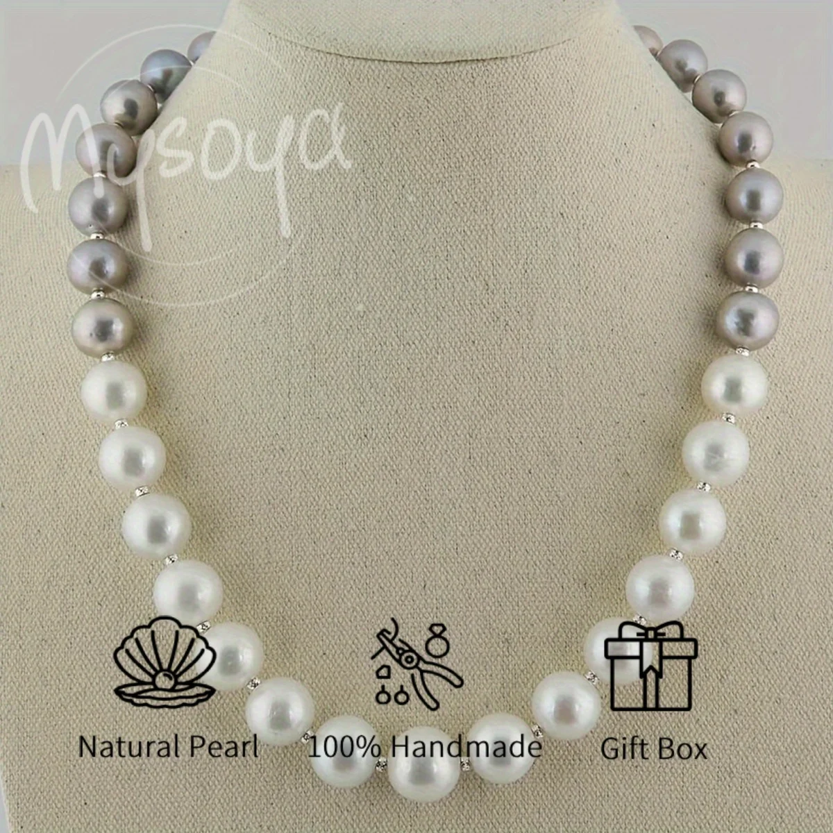 

MYSOYA Freshwater Pearl Necklace 11-13mm White Gray Pearls Handcrafted DIY Jewelry Gift Box For Women Men Birthday Wedding Gift