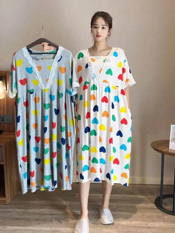 plus-size-summer-sleepwear-v-neck-ice-silk-short-sleeve-women's-dress-comfortable-home-clothes-for-pregnant-women-sweet-style