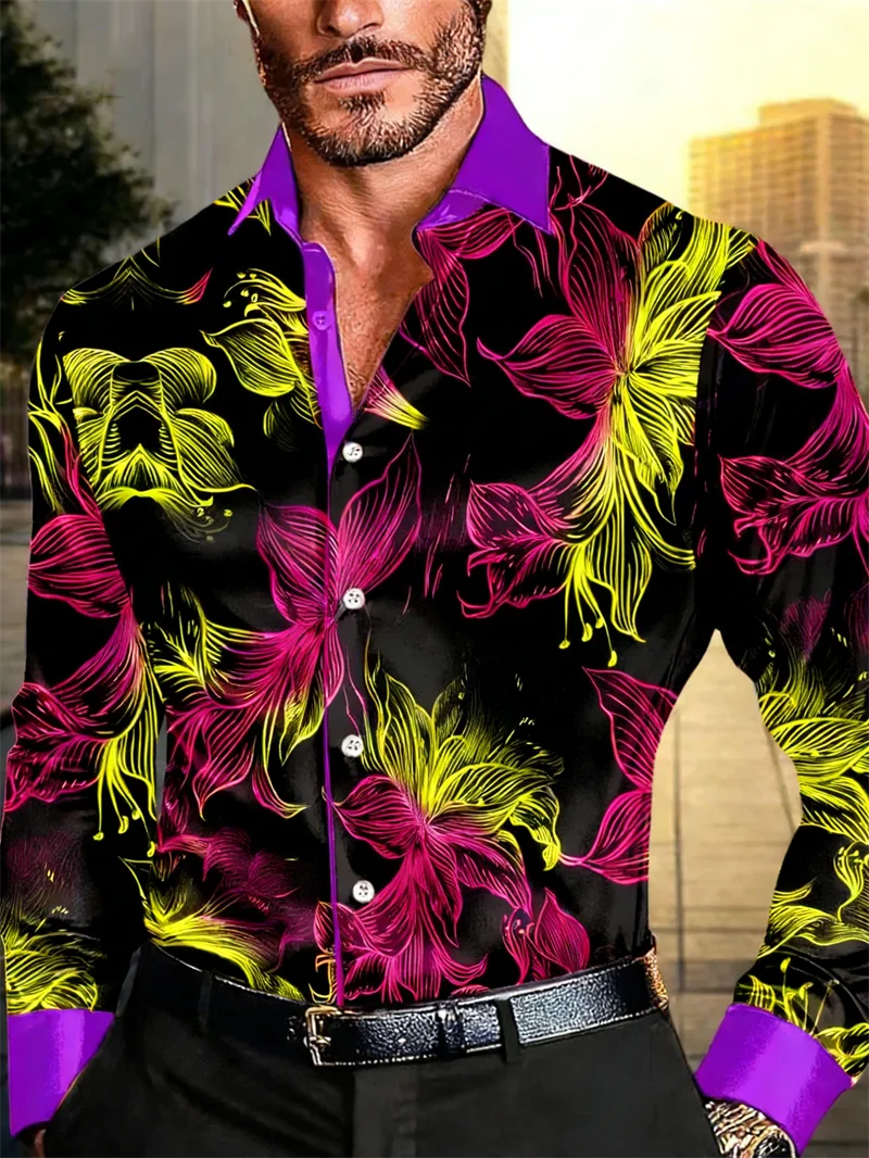 

New men's long sleeved shirt casual fashion 3D petal print high-quality shirt single breasted long sleeved top