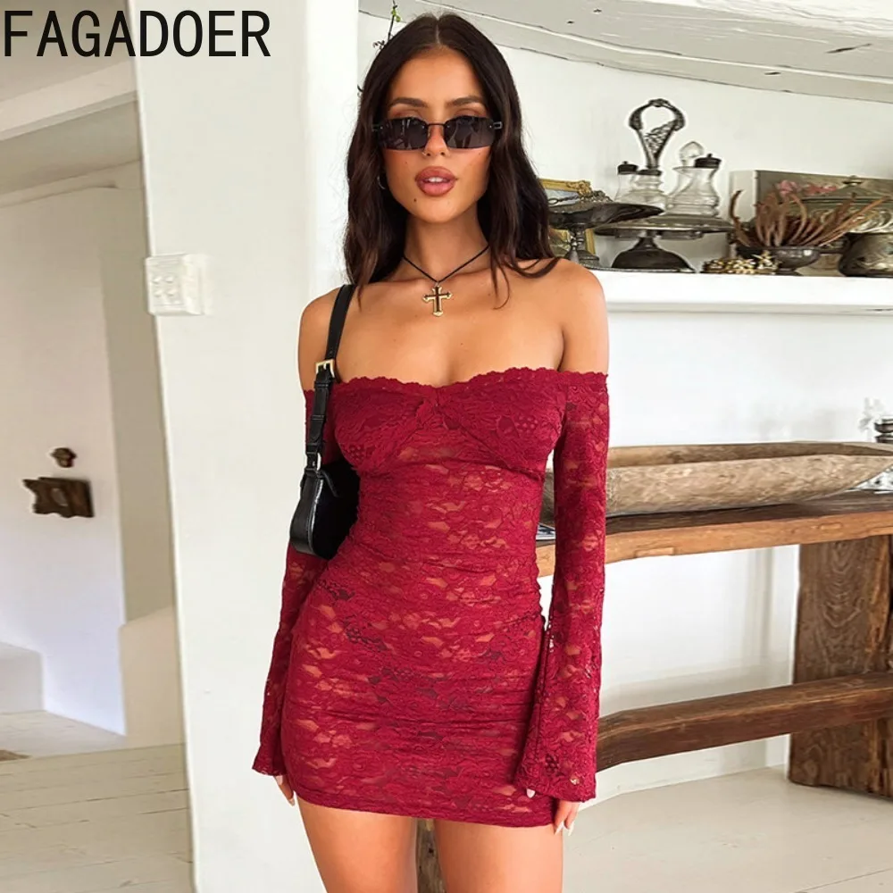 FAGADOER seksowna koronkowa perspektywa bodycon z odkrytymi ramionami bodycon mini sukienki damskie z długim rękawem slim Vestidos kobiece przezroczysta odzież