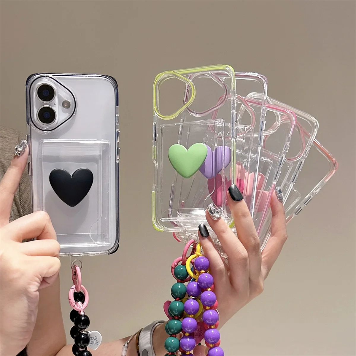 

For iPhone 15 Pro Max 16 Plus 14 Protection Heart Love Texture Bracelet Protector Mobile Phone Case Card Slot Plastic Cover
