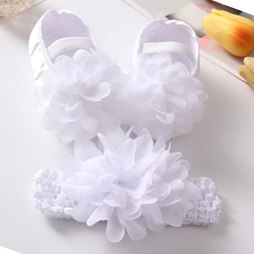 Cute Lace Flower Newborn Baby Shoes Headband Set Anti Slip Toddler Infant First Walkers Baby Girls Newborn Pink Cotton Shoes