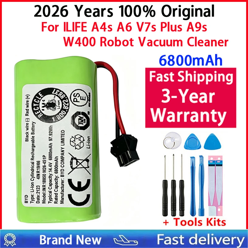Original 6800mah Rechargeable Battery For ILIFE A4s A6 V7s Plus A9s W400 Robot Vacuum Cleaner INR18650 M26-4S1P Batteries