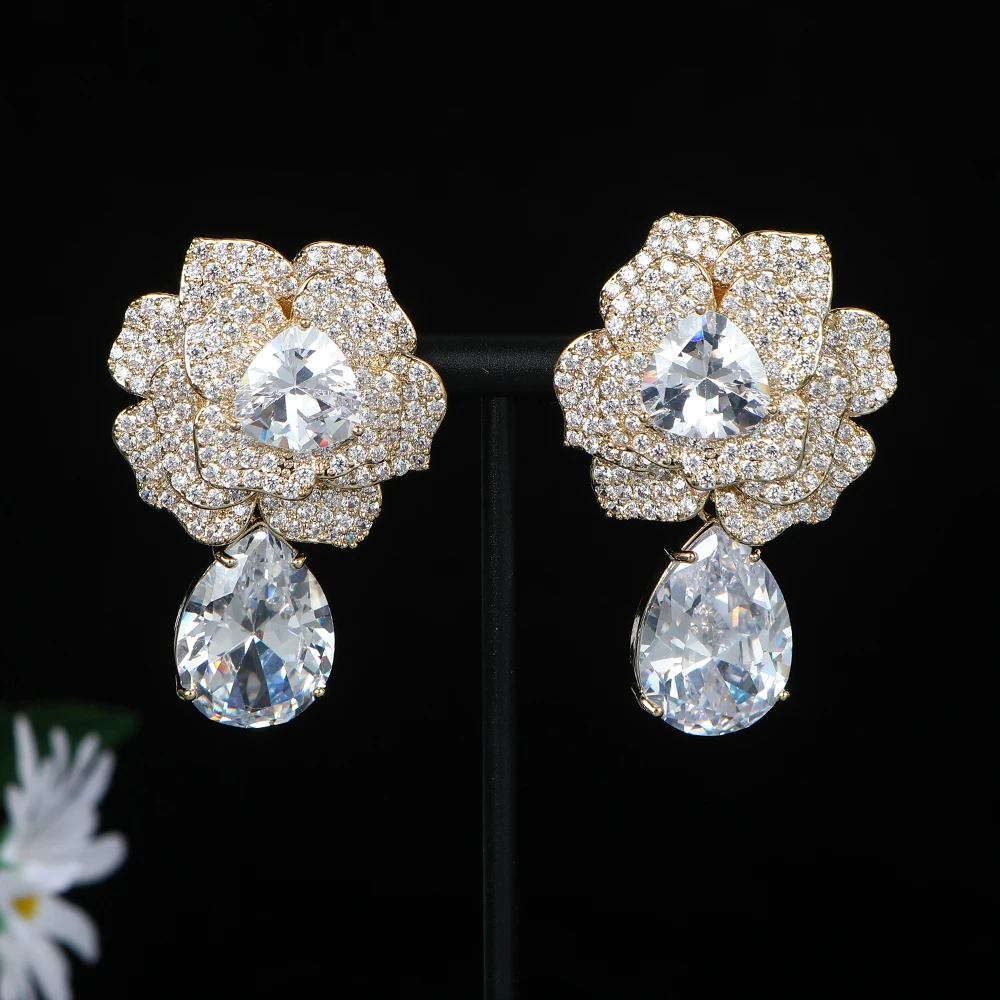 Luxury Stereoscopic Flower Water Droplet Earring For Wedding Engagement Party Cubic Zirconia Fashion Jewelry For Women E1244