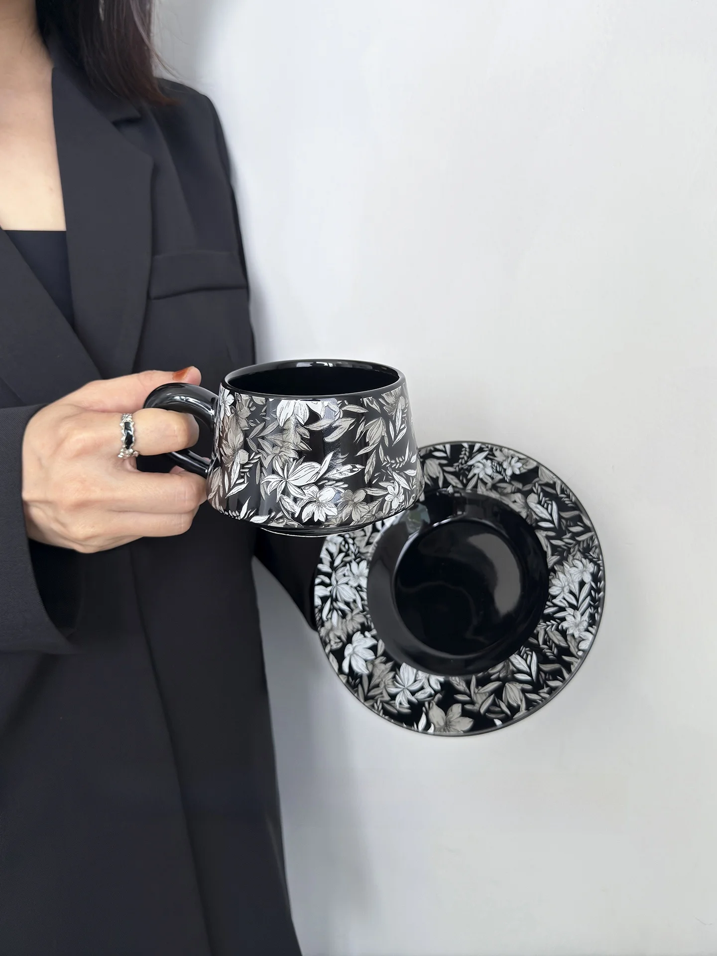 Limited Edition Ceramic Coffee Cup And Plate Set Orange Half-Coffee Cup Black Ink Floral Afternoon Tea Ceramic Cup Gift