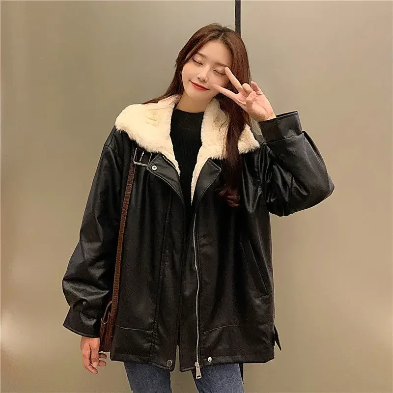 Retro Thick Warm Leather Coat Winter Woman Plush Loose Fur Integrated Lapel Long Sleeve Jacket Korean Female Streetwear Outwear