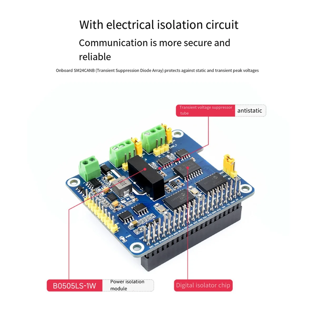 Waveshare CAN Bus Expansion Board 2-CH Isolated HAT+ Dual Chips Solution Stackable for Expanding CAN Channels for Raspberry Pi